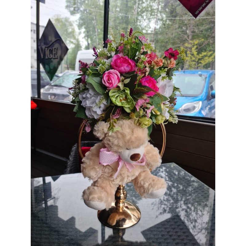 Aranjament pentru masa FLOWERS AND BEAR PINK