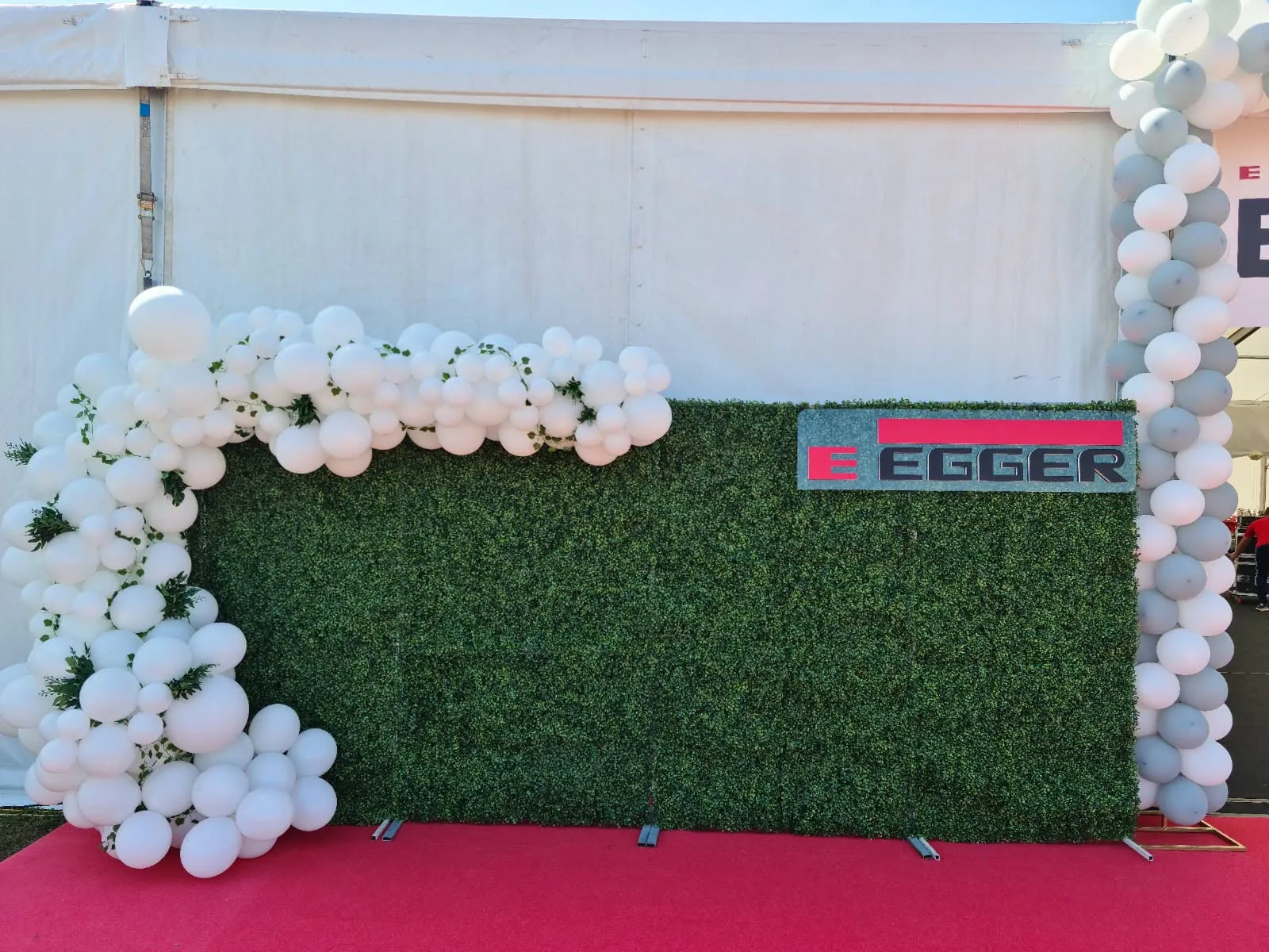 Perete verde decorativ cu ghirlanda de baloane albe la un eveniment corporate EGGER
