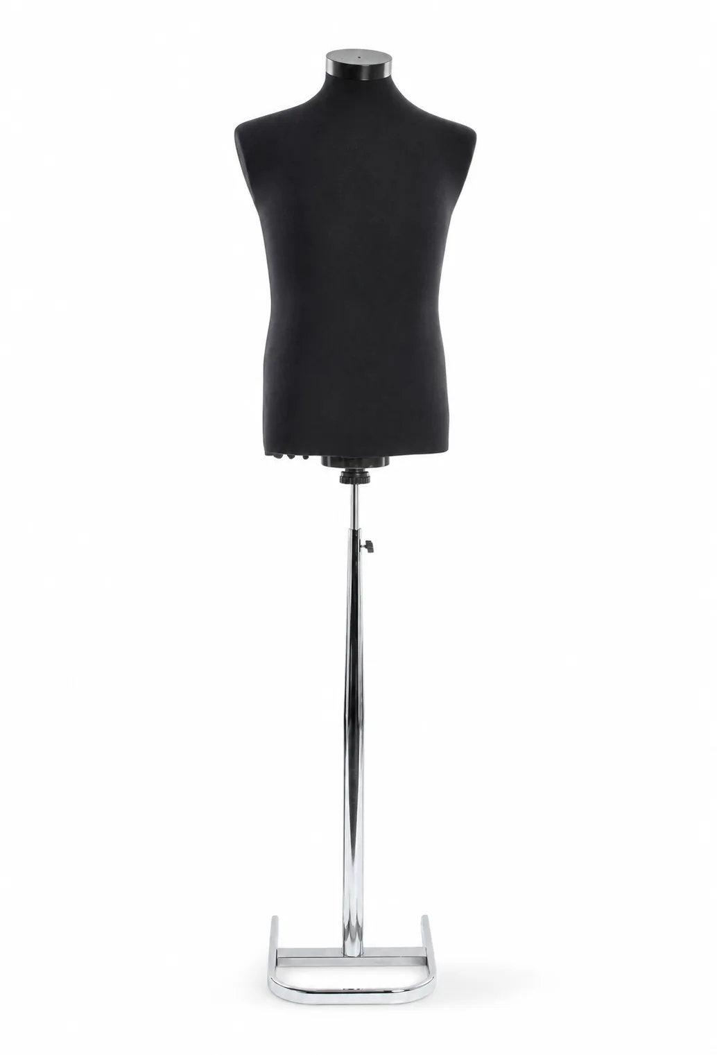 Manechin de mire negru, bust textil masculin pe picior cromat reglabil