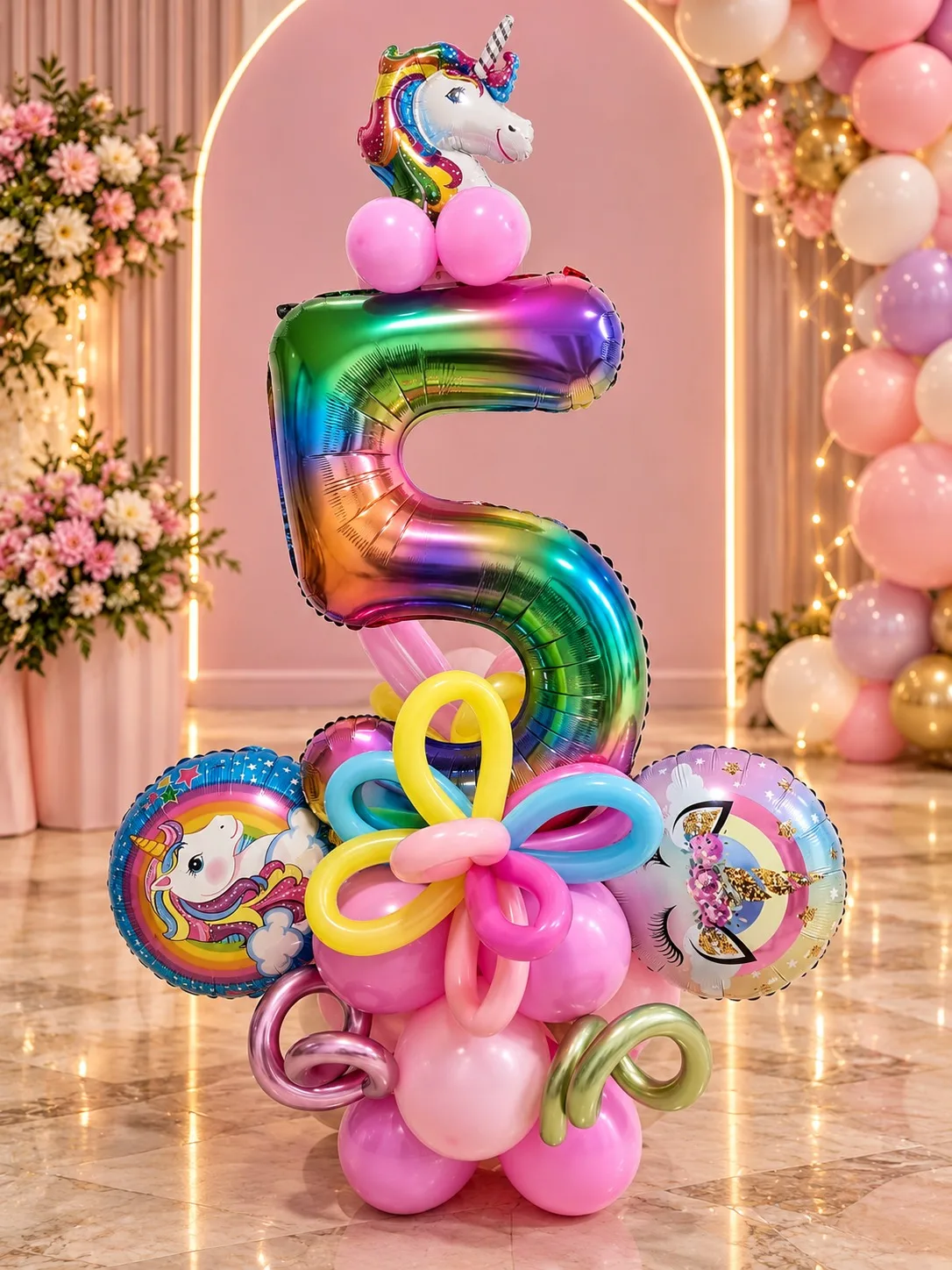 Decor aniversare cifra 5 tema unicorn, baloane roz si curcubeu, cu baloane folie unicorn