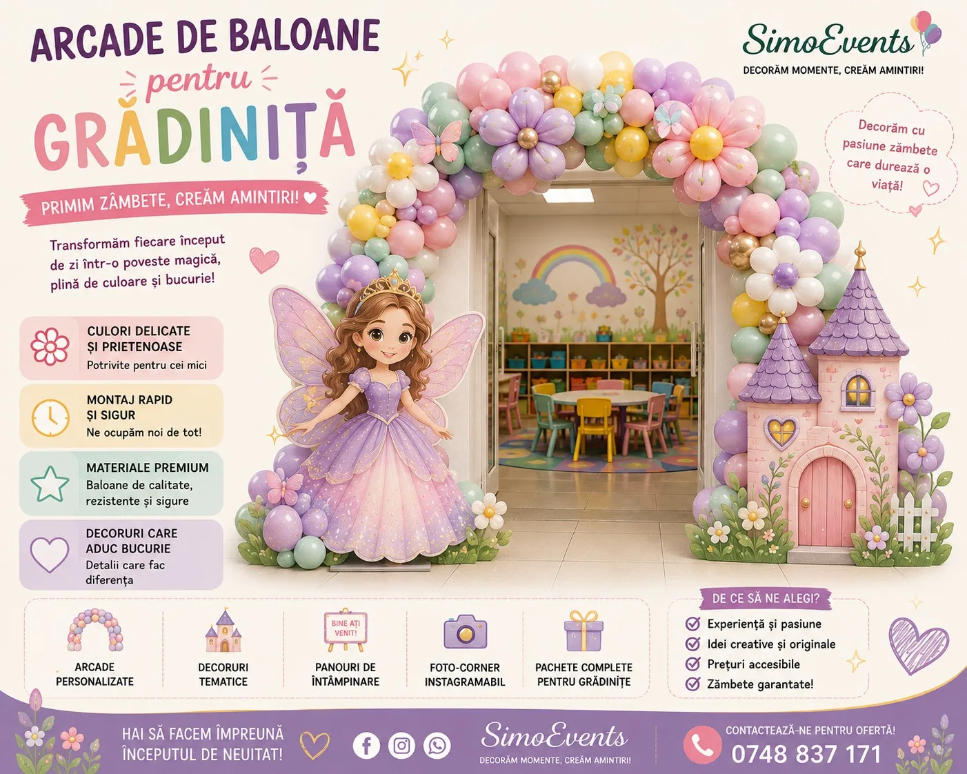 Afis arcada din baloane pastelate cu flori, personaj printesa si castel, pentru gradinita