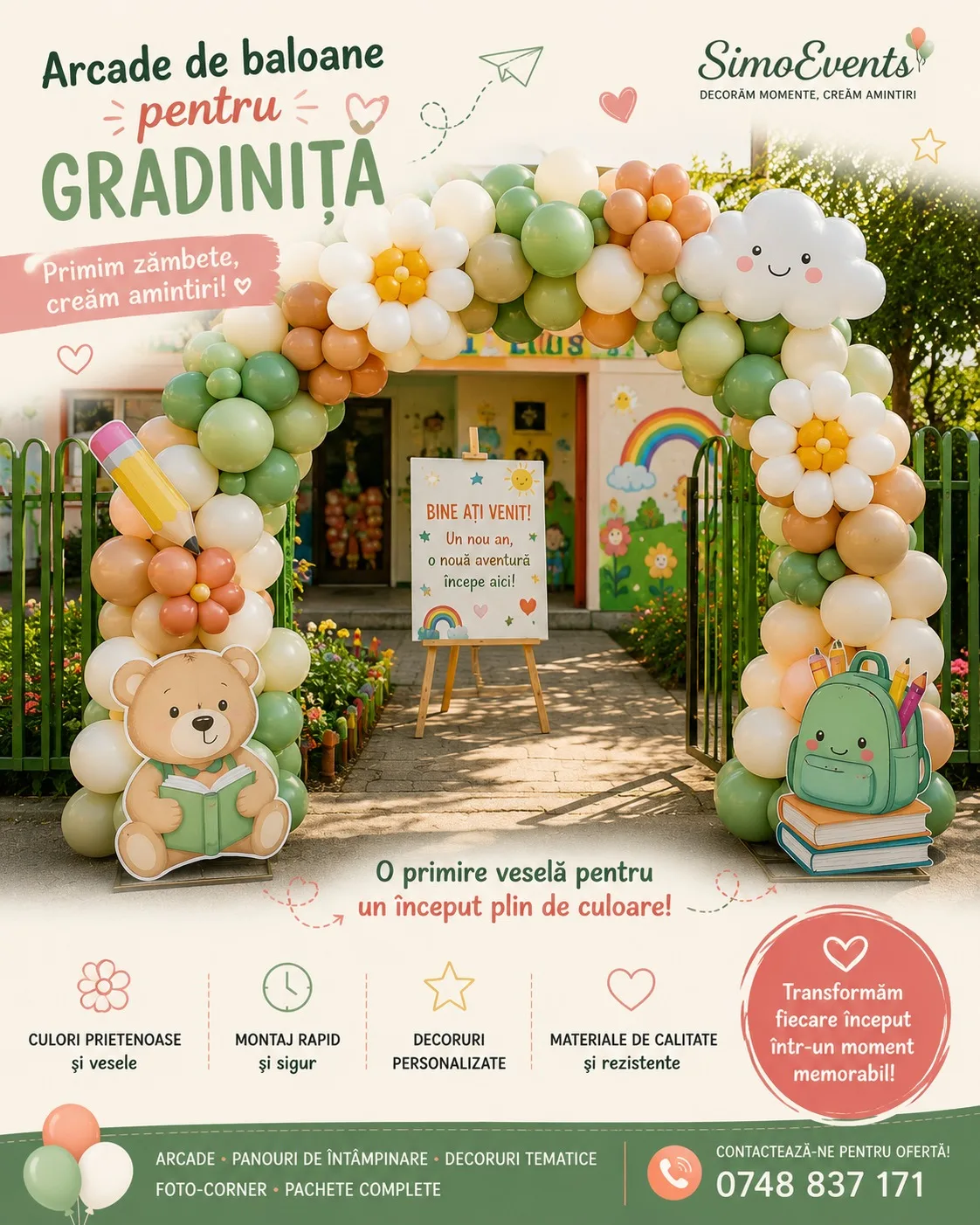 Afis arcada din baloane verzi si portocalii cu flori, ursulet cu carte si ghiozdan, pentru gradinita