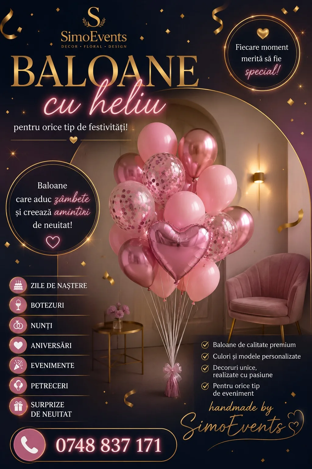 Buchet de baloane cu heliu roz si auriu, cu balon inima, pentru petreceri si evenimente