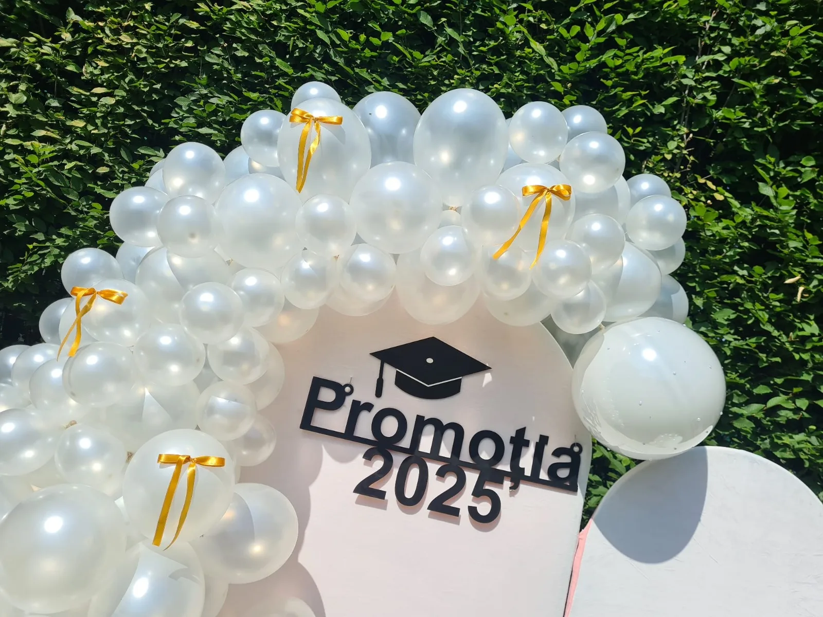 Arcadă cu baloane albe si fundita aurie cu afis Promotia 2025, decor exterior cu gard viu
