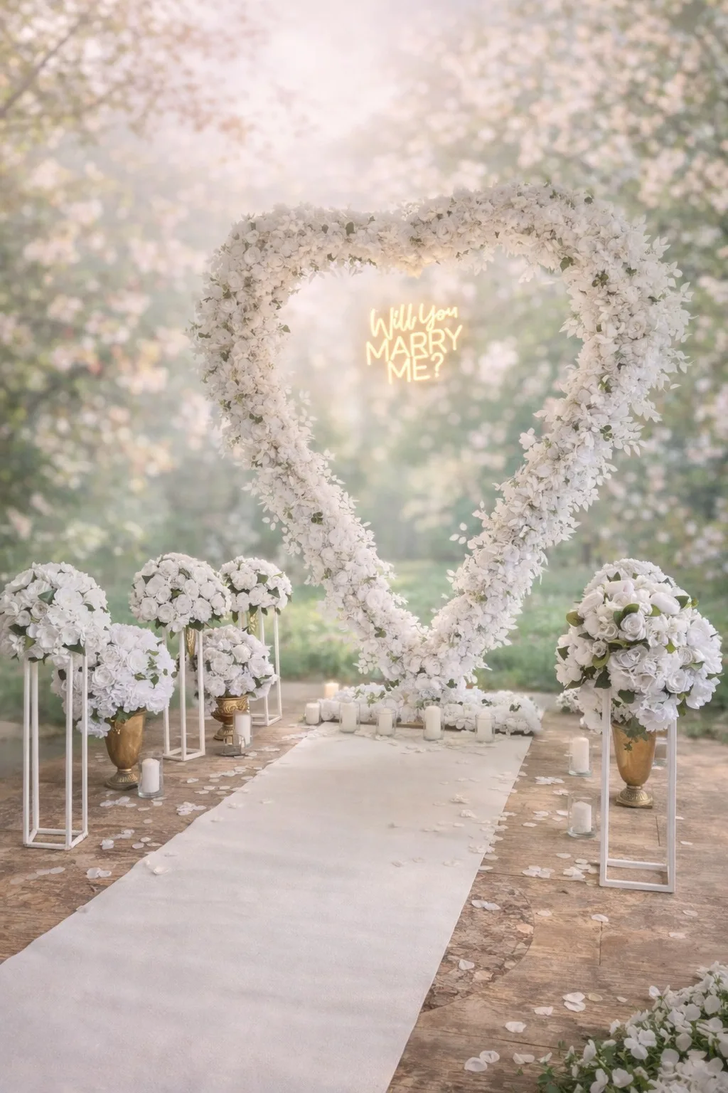 Decor cerere în căsătorie cu arcadă inimă din flori albe, semn luminos Will You Marry Me și covor alb