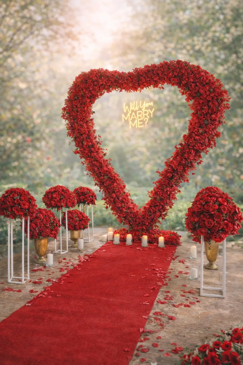Decor cerere în căsătorie cu arcadă inimă din trandafiri roșii, semn luminos Will You Marry Me și covor roșu