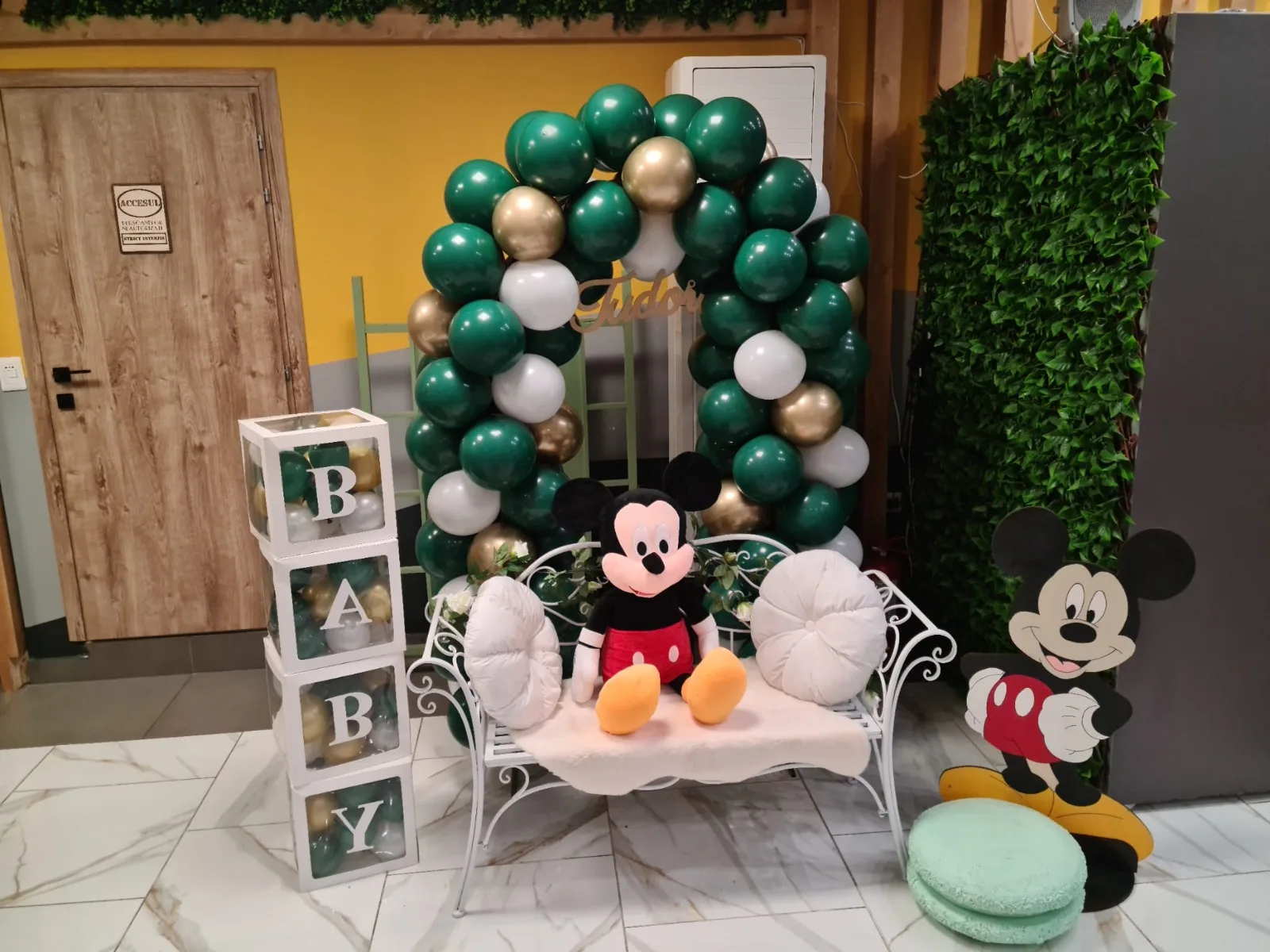 Photocorner de botez verde cu auriu, jucărie Mickey Mouse, cuburi BABY, panoul cu numele Tudor