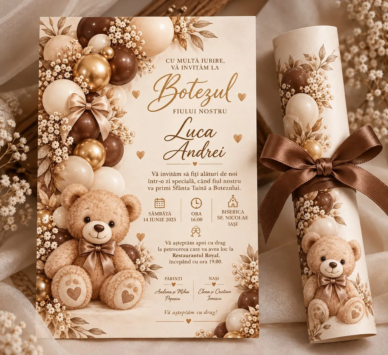 Invitație botez cu ursuleți, baloane maro și aurii, decor floral alb