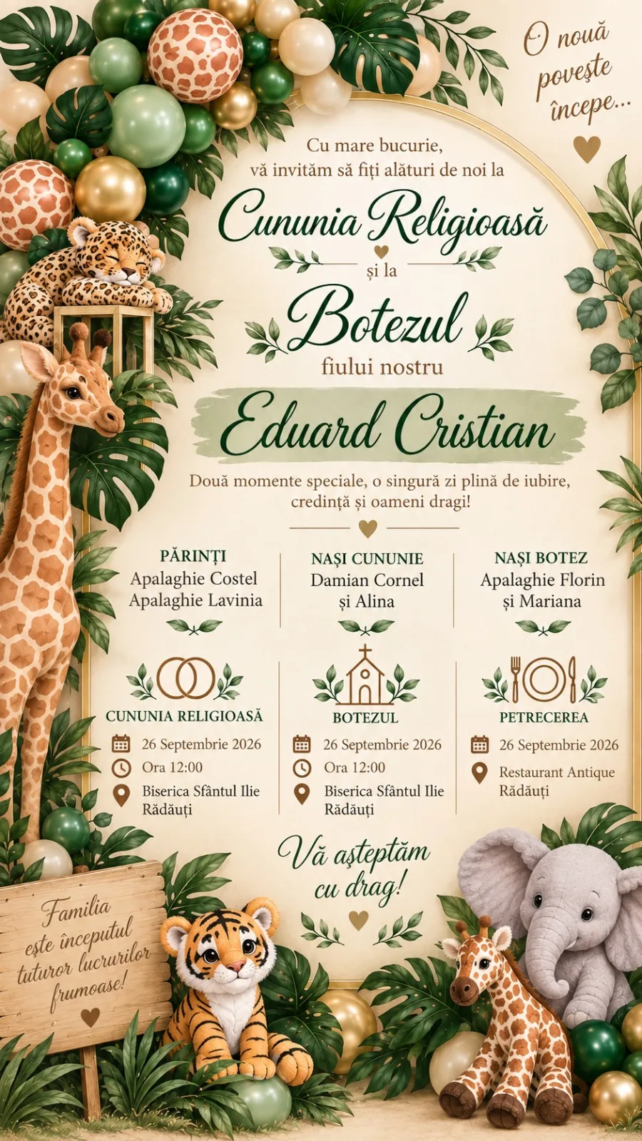 Invitație cununie religioasă și botez cu tematică safari, girafă, tigru și elefănțel