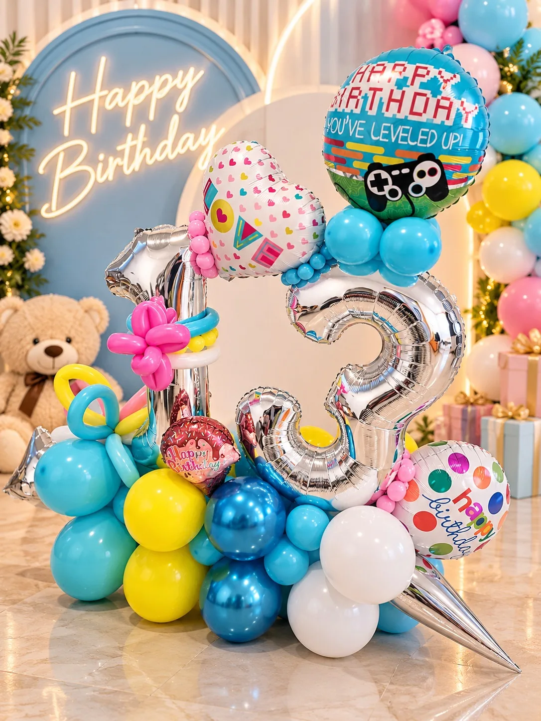 Decor cifra 13 argintie cu baloane albastru, roz si galben, baloane folie Happy Birthday