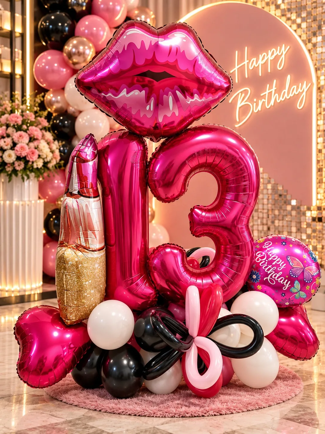 Decor aniversare cifra 13 cu baloane buze roz, ruj auriu, inimi și fundă negru-roz pe fundal Happy Birthday