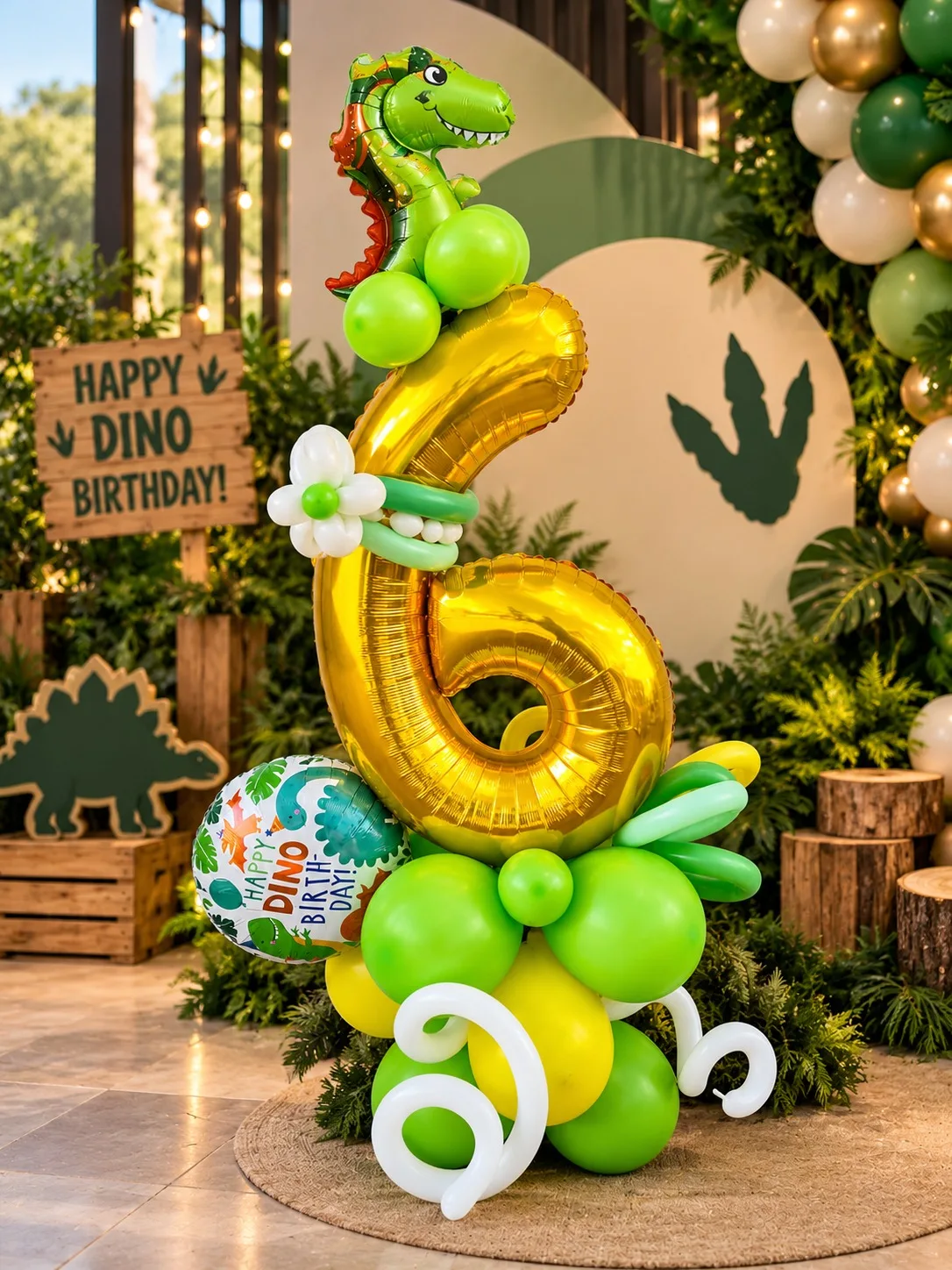 Decor cifra 6 aurie cu baloane verzi si dinozaur, tematica dinozauri, Happy Dino Birthday