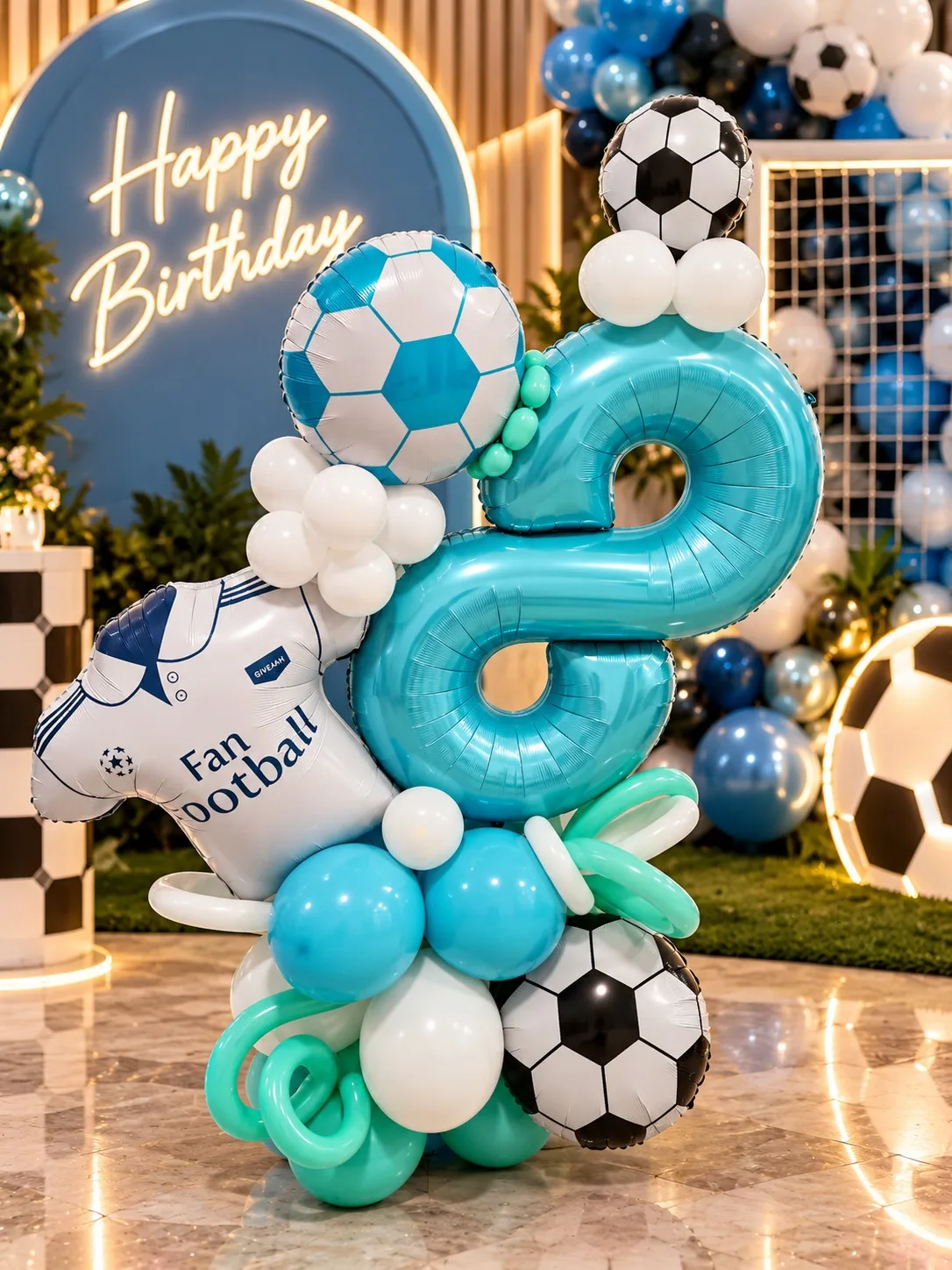 Decor aniversare cifra 8 cu baloane albastru-alb, tematica fotbal, baloane mingi de fotbal si tricou Fan Football