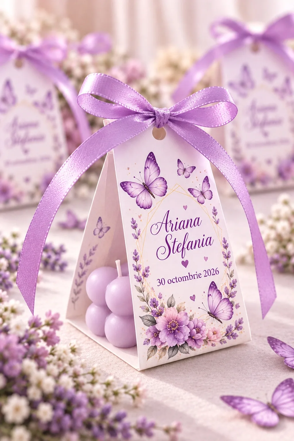 Mărturie botez cu lumânare parfumată cu aromă florală, pungă cu fundiță mov și fluturași