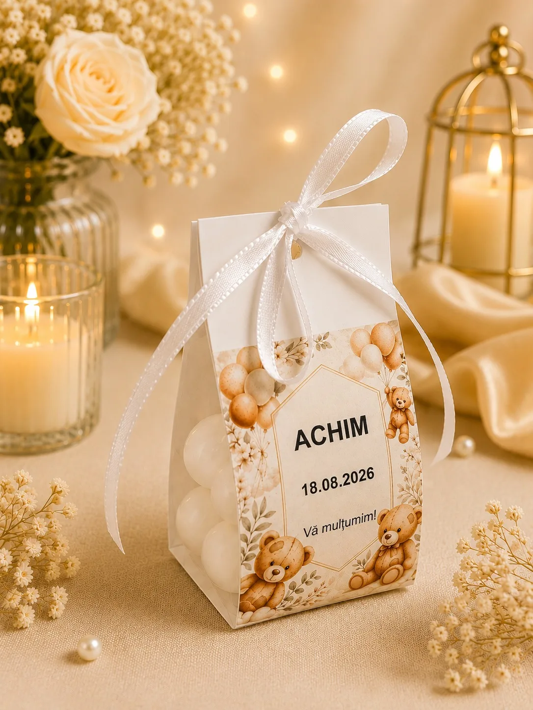 Mărturie botez cu lumânare parfumată cu aromă florală, pungă cu model ursuleț și fundiță albă