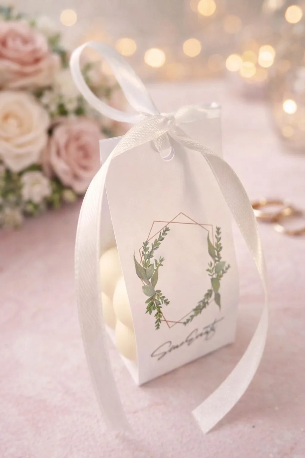 Mărturie nuntă cu lumânare parfumată cu aromă florală, pungă cu model frunze verzi și fundiță albă