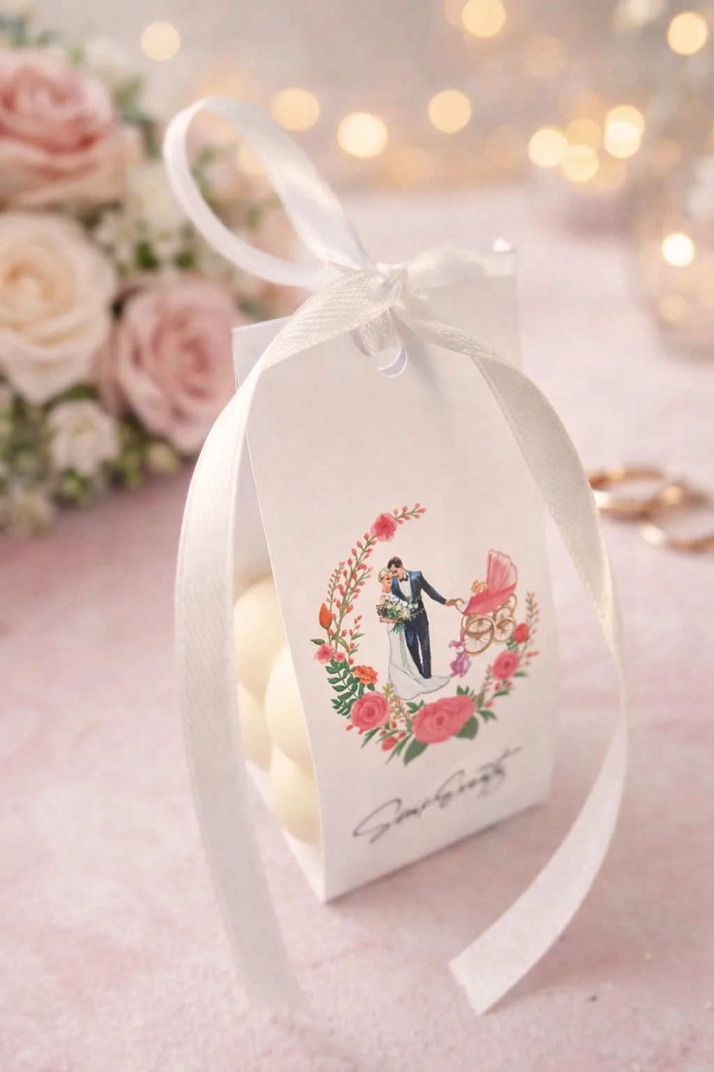 Mărturie nuntă cu lumânare parfumată cu aromă florală, pungă cu ilustrație miri și cunună de flori