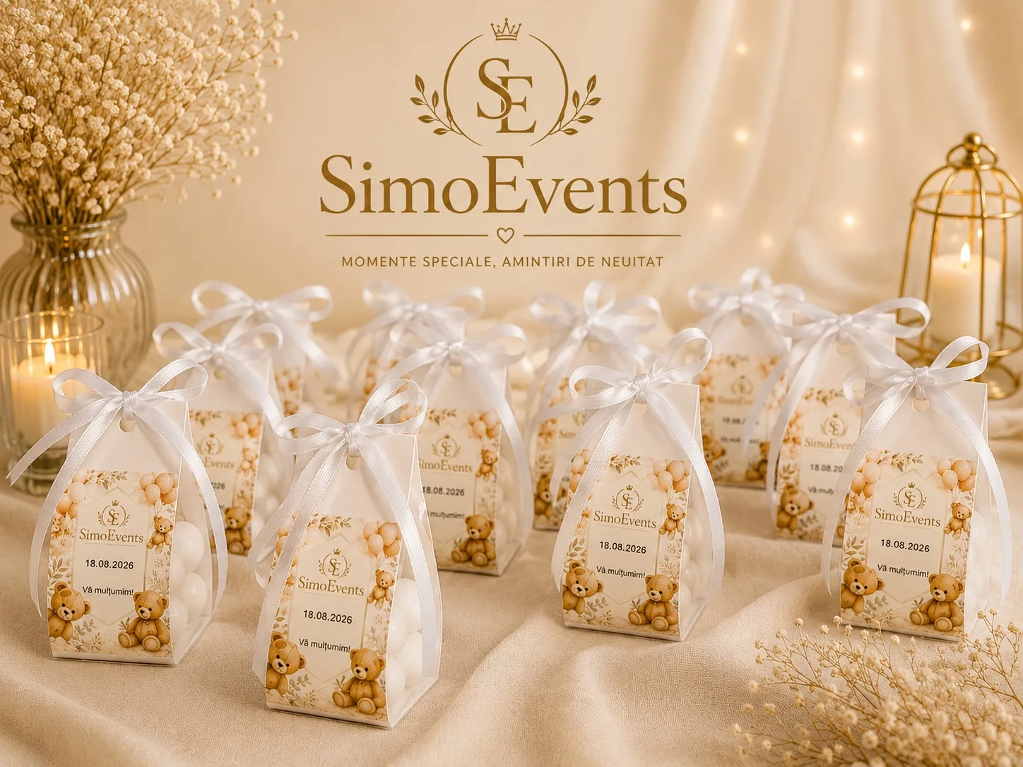 Set mărturii botez SimoEvents cu lumânări parfumate cu arome florale, pungi cu fundiță albă