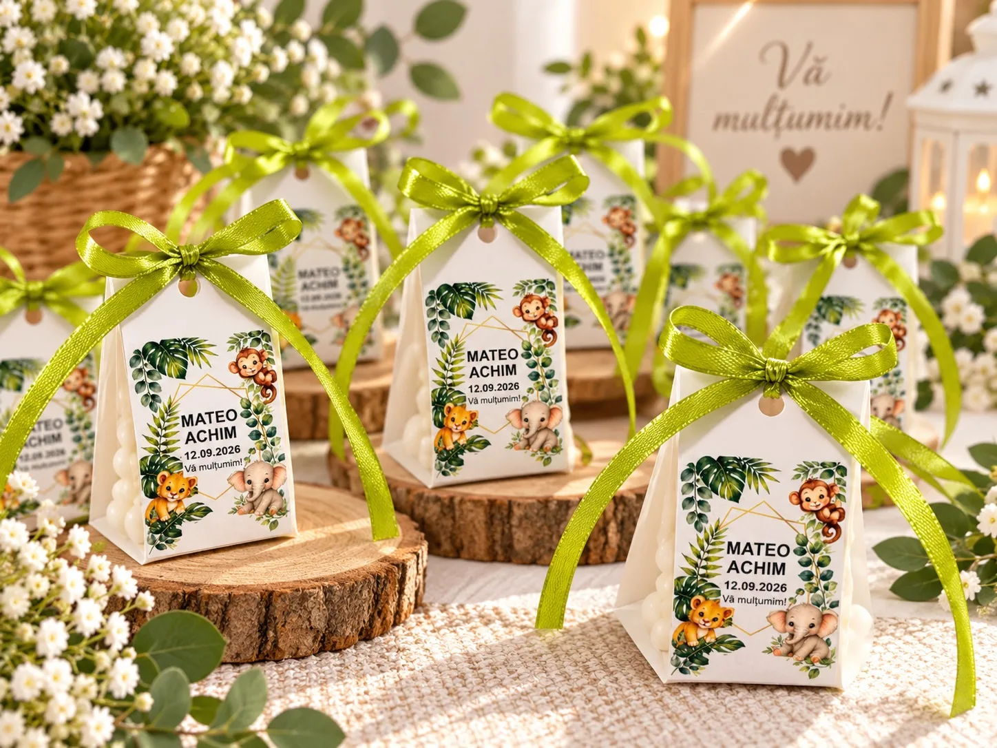 Set mărturii nuntă cu lumânări parfumate cu arome florale în formă de miel, pungi cu fundiță verde