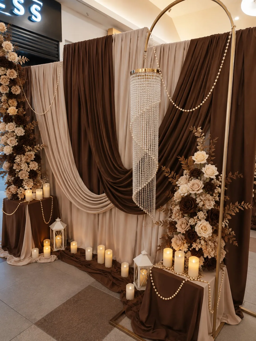 Photocorner nunta cu draperie maro si bej, lustra din cristale si flori crem