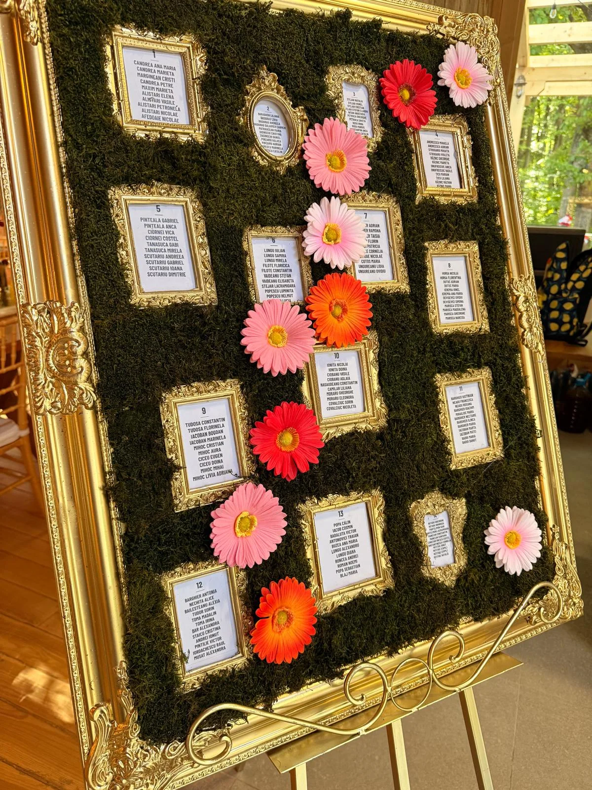 Șevalet auriu cu plan de mese în rămuțe aurii decorate cu flori gerbera colorate