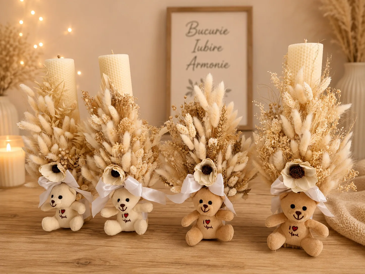 Lumanari cu ursuleti de plus si flori criogenate bej, decor nunta